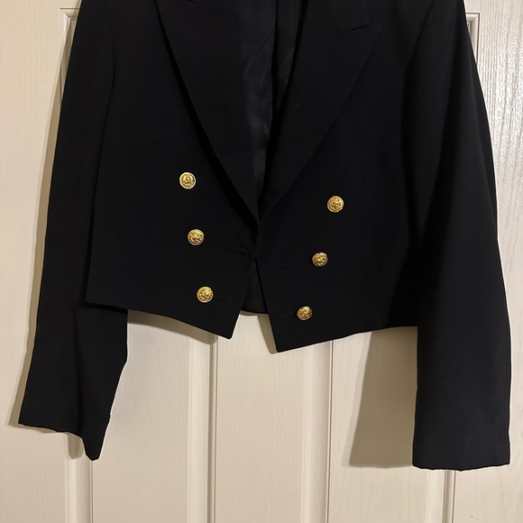 Flying Cross Jackets & Blazers - Chic Black Double-Breasted Cropped Blazer with Gold Buttons and shoulder straps